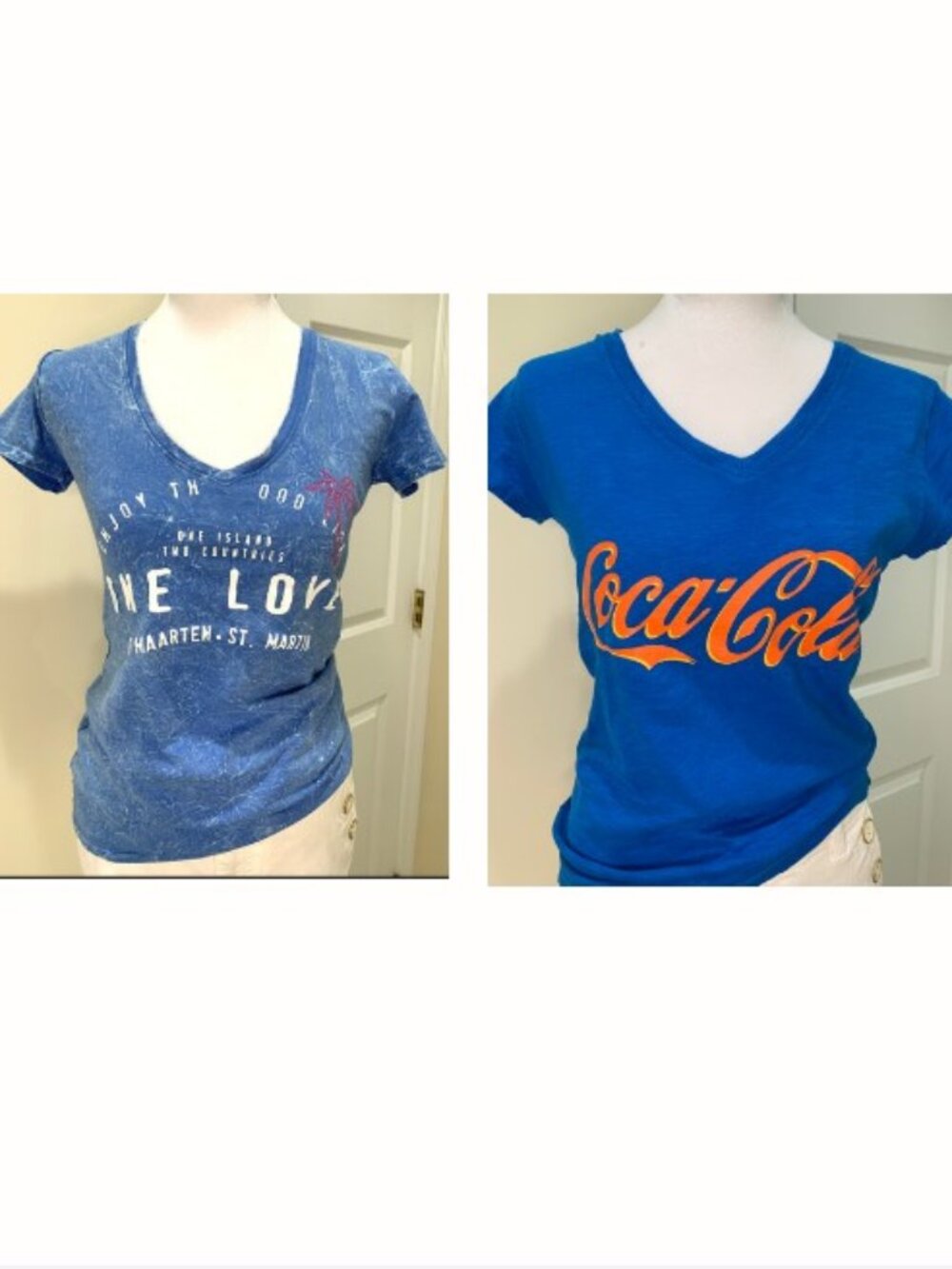 2 Women Graphic T-shirts Coca-Cola V-neck Short Sleeves Size S/XS Blue